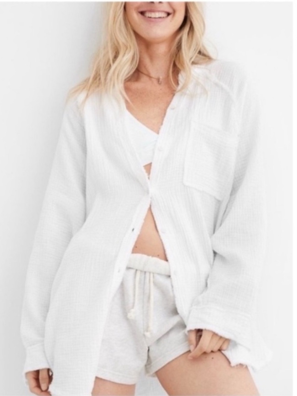 Aerie Pool to Party Slouchy Woven Gauze Button Down Oversized Shirt White Small